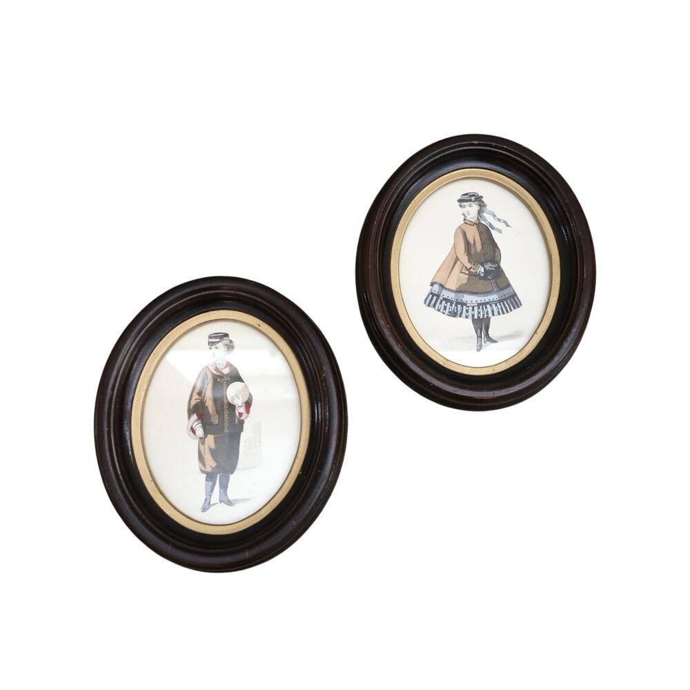 Antique Vintage Paris French Fashion Art Print Brown Small Oval Frame Set 1900s